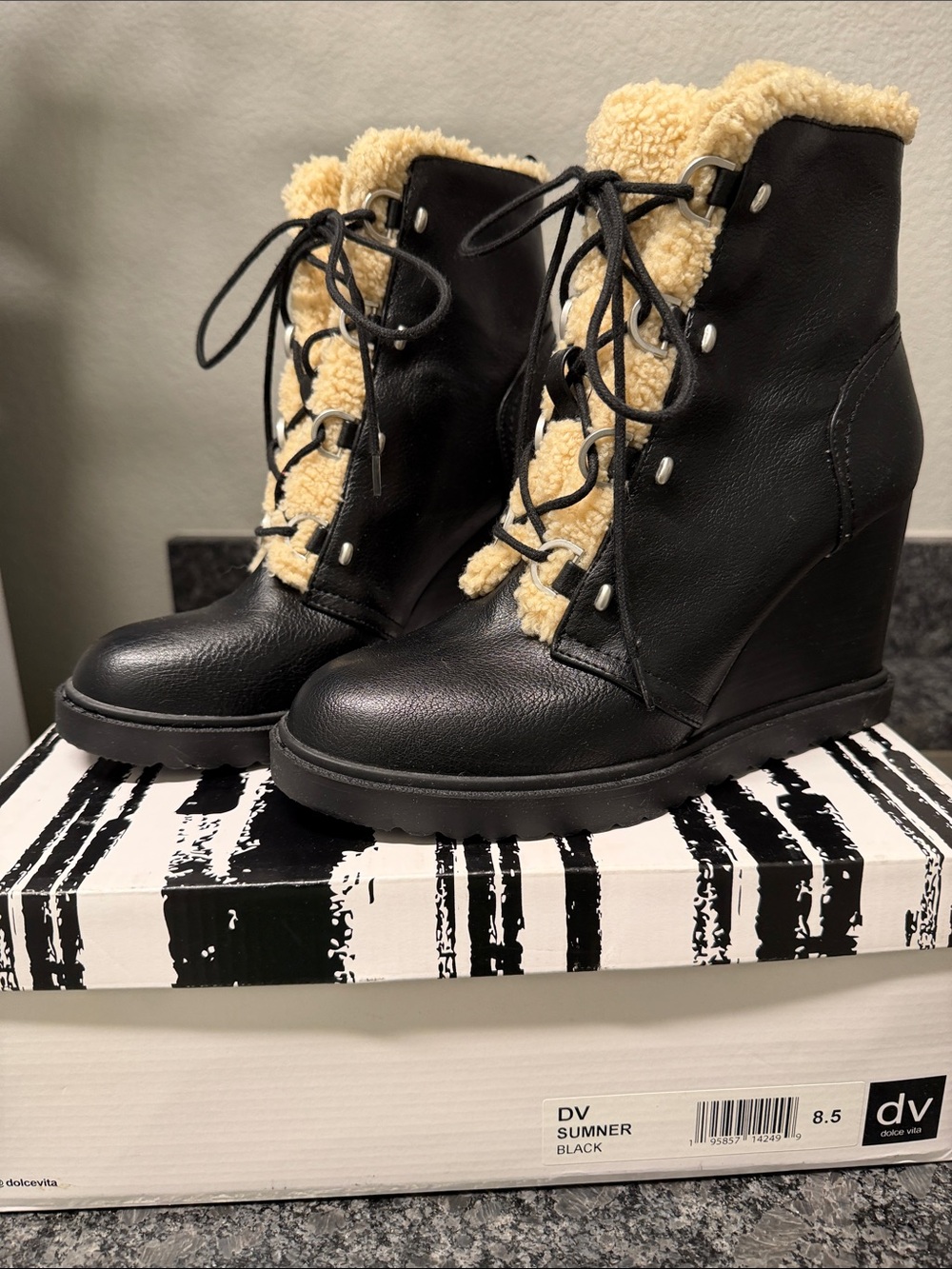 Dolce Vita Black Lace-Up Boots with Cream Faux Shearling
